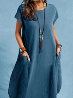 Solid Pocket Short Sleeve Round Neck Cotton Casual Dress