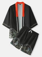 Mens Ukiyoe Wave Pattern Open Front Kimono Two Pieces Outfits