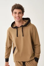 Dagi Light Brown Hooded Ribbed Cotton Sweatshirt