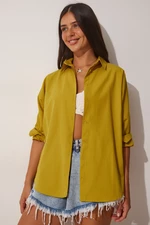 Happiness İstanbul Women's Oil Green Oversized Basic Poplin Shirt