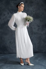 Trendyol White Pleated Woven Lined Chiffon Wedding/Special Occasion Bride Dress