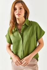 Olalook Women's Khaki Bat Oversized Linen Shirt
