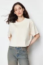Trendyol Stone 100% Cotton Cut Detailed Relaxed Crop Knitted T-Shirt
