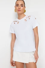 Trendyol White Brode Embroidered Basic/Regular Fit Knitted T-Shirt