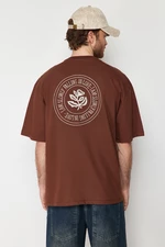 Trendyol Dark Brown Oversize Embroidered 100% Cotton T-Shirt