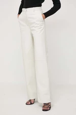 Kožené kalhoty BOSS dámské, béžová barva, jednoduché, high waist, 50516959