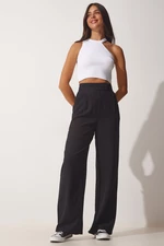 Happiness İstanbul Women's Black Flowy Linen Trousers with a hook and loop fastening