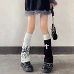 Women Knit Leg Warmers with Double Side Wearing Halloween Gothic Spider Gothic Web Cross Print Knee High Socks Boot Cuffs Cover