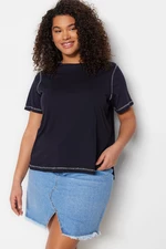 Trendyol Curve Navy Blue Knitted Crew Neck Bedspread, Stitched T-Shirt