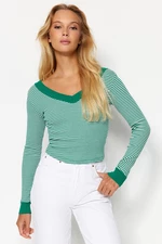 Trendyol Green Striped V-Neck Fitted/Simple Long Sleeve Ribbed Stretch Knit Blouse