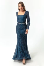 Lafaba Women's Navy Blue Square Neck Stoned Belted Long Evening Dress.