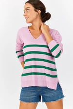 armonika Women's Pink V-Neck Striped Short Front Long Back Sweater