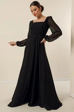 By Saygı Lined Chiffon Long Evening Dress with a Square Neck Waist and Belted Belt.