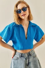 XHAN Blue Textured Crop Top with Accessory Detail