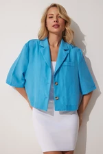 Happiness İstanbul Women's Blue Shawl Collar Summer Linen Jacket
