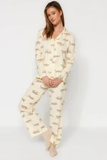 Trendyol Ecru 100% Cotton Tiger Patterned Shirt-Pants Knitted Pajama Set