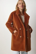 Happiness İstanbul Women's Oversized Tan Rabbit Feather Look Coat