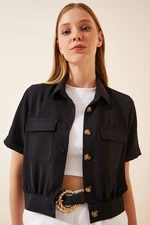 Happiness İstanbul Women's Black Viscose Jacket with Pockets, Short Sleeve for Summer