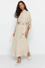 Trendyol Beige Knitted Cotton Shirt Dress With Adjustable Detailed Sleeves With Belt