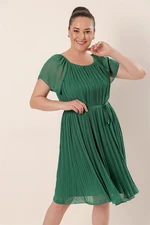 By Saygı Madonna Collar Bead Detailed Lined Waist Belted Pleated Plus Size Chiffon Dress Emerald