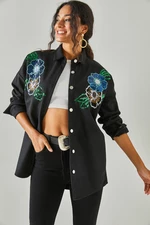 Olalook Women's Floral Black Stamp Sequin Detail Oversize Cachet Shirt