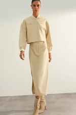 Trendyol Beige Limited Edition High Quality Faux Leather Slit Detail Midi Woven Skirt