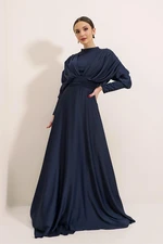 By Saygı Front Back Gathered Sleeves Button Detailed Lined Long Satin Dress