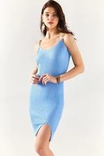 Olalook Women's Baby Blue Straps and Slit Mini Knitwear Dress