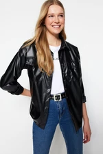 Trendyol Black Casual Fit Faux Leather Shirt With Pocket