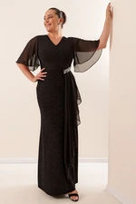 By Saygı Plus Size Glittery Long Dress With Chiffon Sleeves and Stone Accessories Lined Wide Size Range Saks.