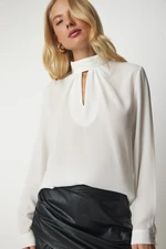 Happiness İstanbul Women's White Flowy Crepe Blouse with Window Detail