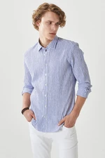 AC&Co / Altınyıldız Classics Men's White-blue Slim Fit Narrow Cut Button Collar Striped Shirt