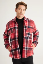 AC&Co / Altınyıldız Classics Men's Red-black Oversize Loose Cut Button Collar Plaid Winter Shirt Jacket