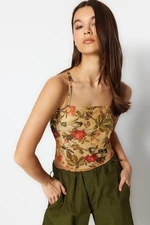 Trendyol Multi-Colored Floral Print Fitted/Sleezy Tulle Knit Blouse with Straps and Crop lining