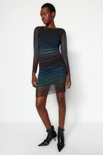 Trendyol Multicolored Crewneck Printed Mini Knitted Dress with Shirring and Fitted Details