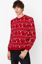 Trendyol Men's Red Regular Fit Crew Neck Christmas Jacquard Knitwear Sweater