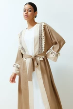 Trendyol Brown Belted Brode Detail Crinkle Woven Kimono & Kaftan & Abaya