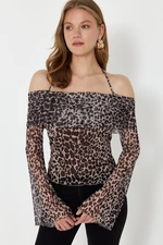 Trendyol Brown Animal Patterned Flare Sleeve Knitted Blouse with Tie Detail
