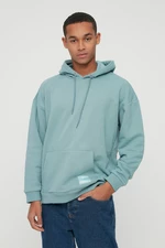 Trendyol Basic Mint Oversize/Wide-Fit Hooded Labeled Fleece Inner Sweatshirt