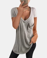 Solid Color V-neck Short Sleeve Chest Pocket Casual T-shirts For Women