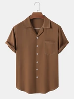 Mens Solid Color Topstitching Revere Collar Daily Short Sleeve Shirts