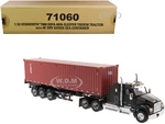 Kenworth T880 SBFA 40" Sleeper Cab Tridem Truck Tractor Black Metallic with Flatbed Trailer and 40 Dry Goods Sea Container "TEX" "Transport Series" 1