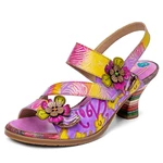 Socofy Leather Beach Vacation Ethnic Floral Hook & Loop Heeled Sandals