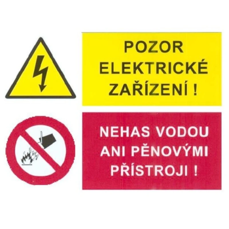 Samolepka pozor elektrické zařízení nehas vodou ani pěnovými zařízeními 75x105mm Samolepka pozor elektrické zařízení nehas vodou ani pěnovými zařízeními 75x105mm