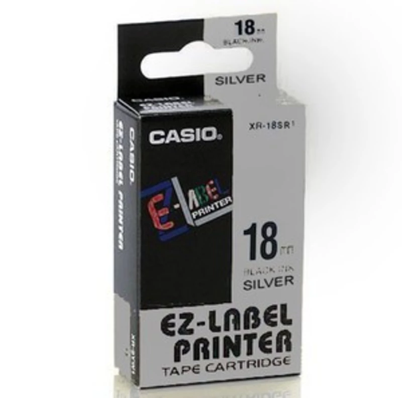 Casio XR-18SR1, 18mm x 8m, černý tisk/stříbrný podklad, originální páska