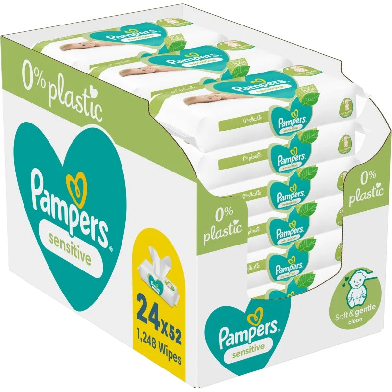 Pampers Sensitive Plastic Free vlhčené čisticí ubrousky pro děti pro citlivou pokožku 24x52 ks Pampers Sensitive Plastic Free vlhčené čisticí ubrousky pro děti pro citlivou pokožku 24x52 ks