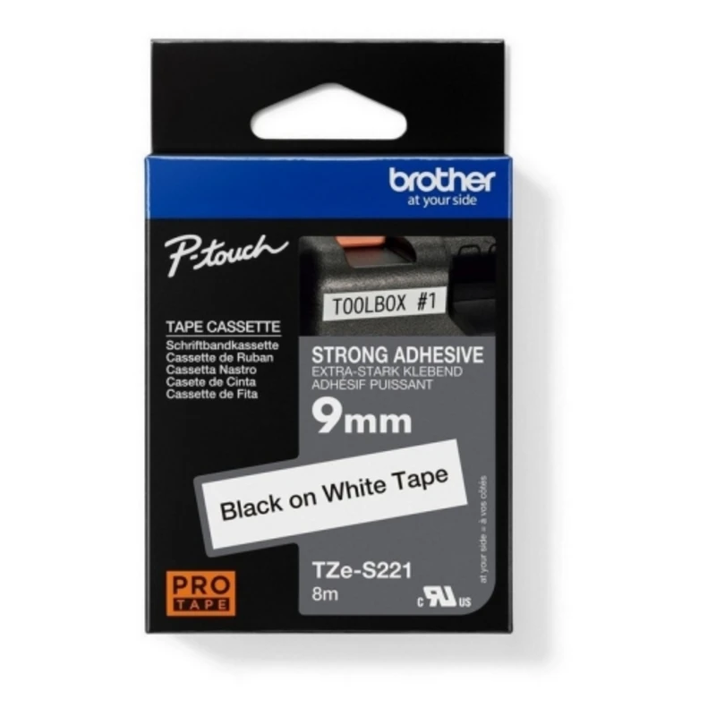 Páska do štítkovače Brother ProTape TZE-S221 vysoce přilnavá bílá/černá 9mm 8m Páska do štítkovače Brother ProTape TZE-S221 vysoce přilnavá bílá/černá 9mm 8m